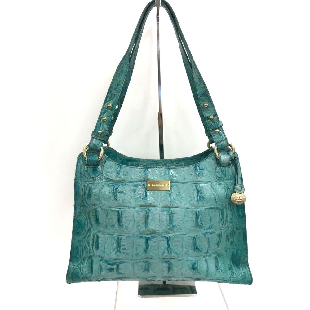 Brahmin Vibrant Teal Croc Embossed Leather Hobo Shoulder Bag with COA